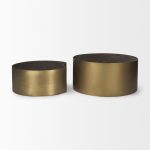 Eclipse Antique Brass Metal Drum Base w/ Dark Brown Wood Top Nested Coffee Table