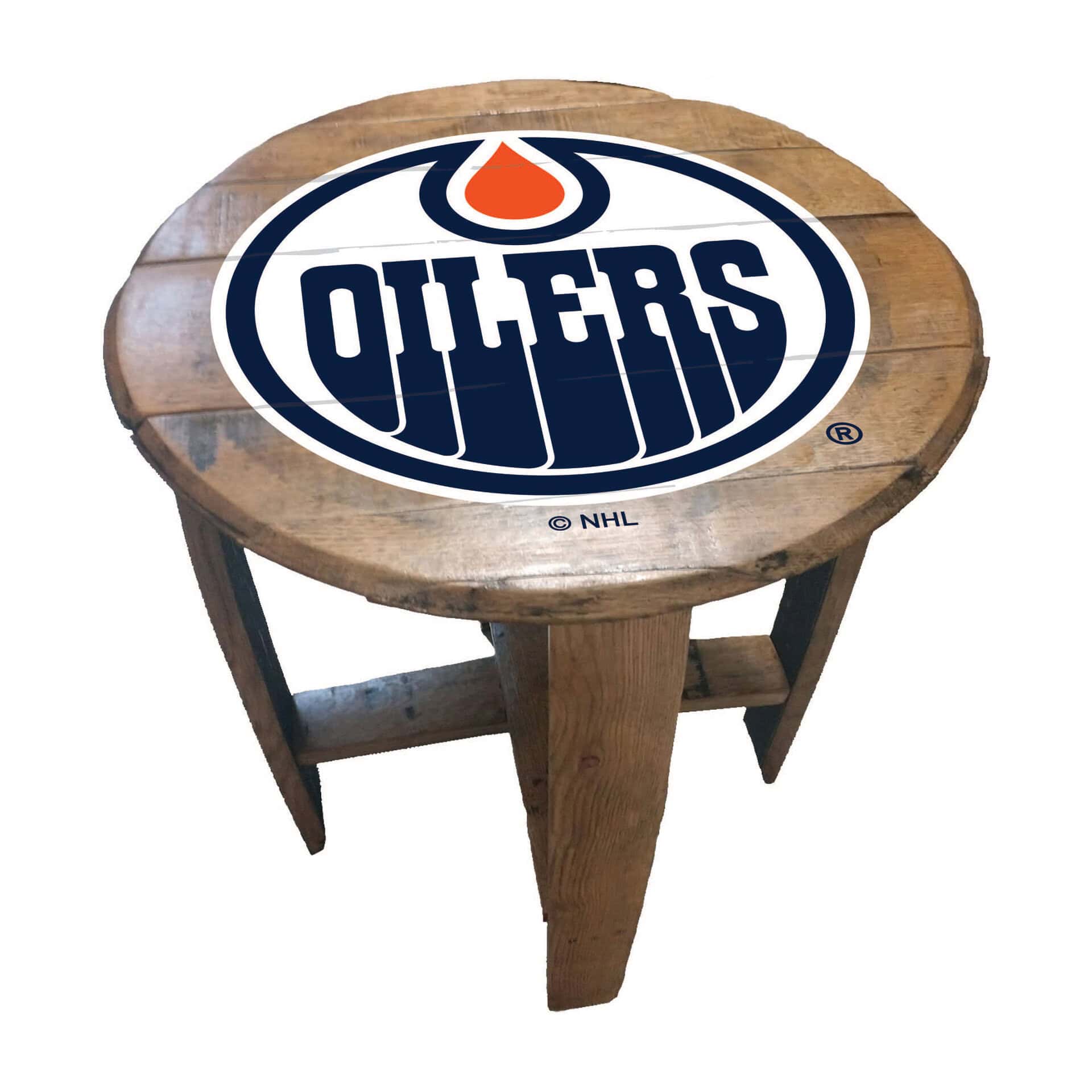 Edmonton Oilers Oak Barrel Table 3 Edmonton Oilers Oak Barrel Table - Image 3