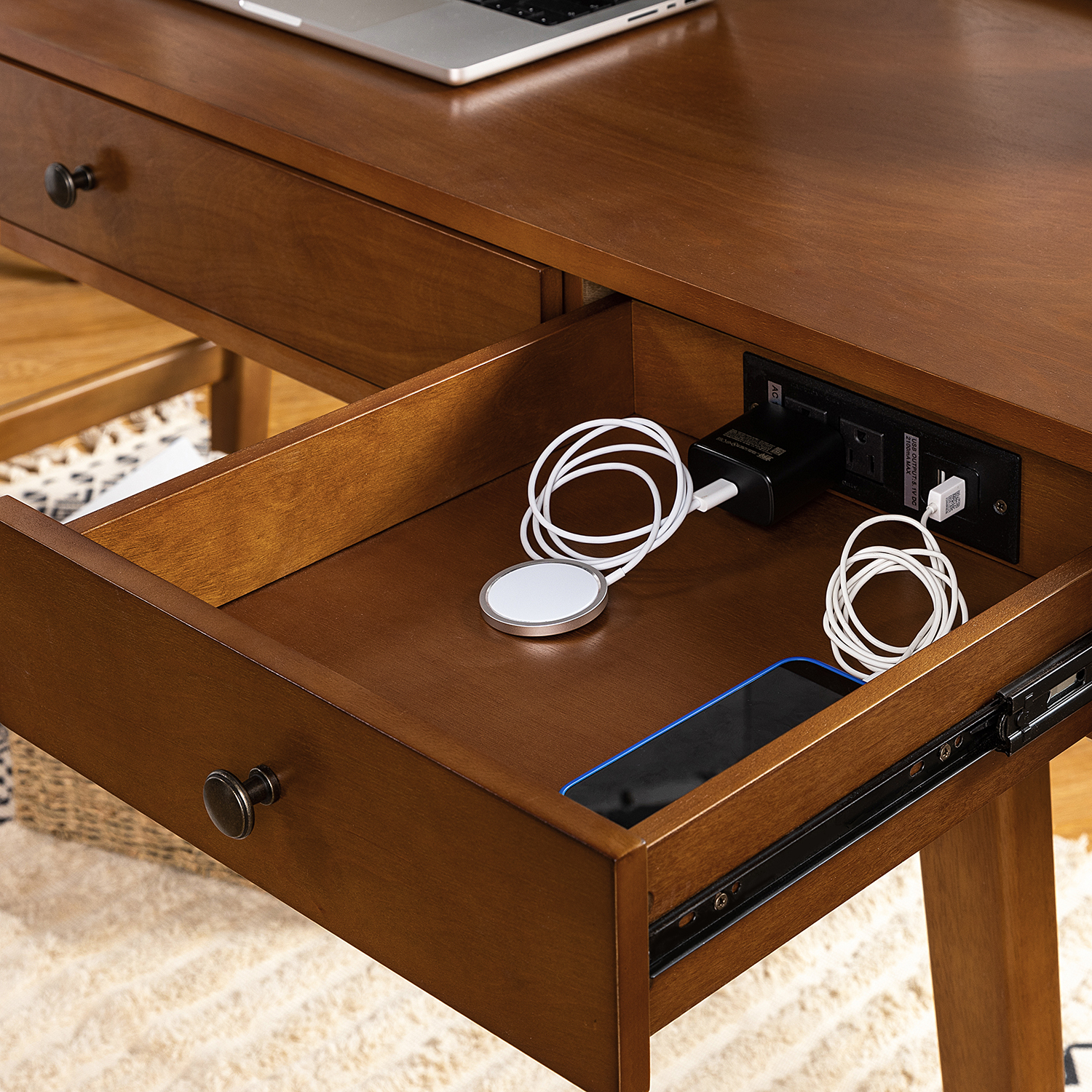 Edward Walnut Mid-Century Modern Charging Desk with Drawers 3 Edward Walnut Mid-Century Modern Charging Desk with Drawers - Image 3