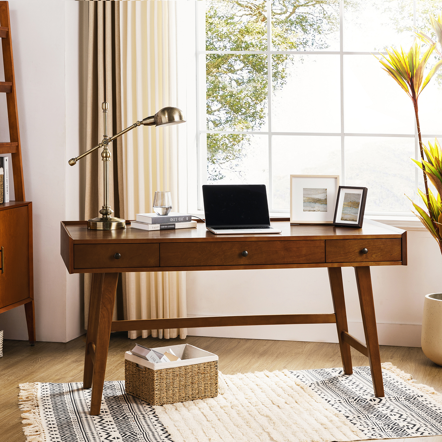 Edward Walnut Mid-Century Modern Charging Desk with Drawers 1 Edward Walnut Mid-Century Modern Charging Desk with Drawers