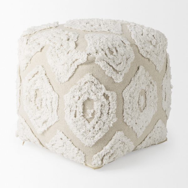 Ekanta 16.0L x 16.0W x 16.0H CreamBeige Patterned Cotton Pouf 3