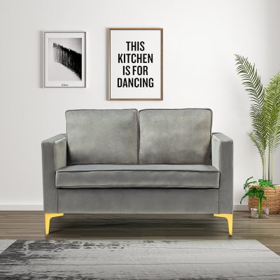 Eldoria Grey Velvet Loveseat, Gold Legs, Small Space Seating