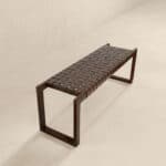 Cognac Leather Mid-Century Bench with Solid Wood Frame