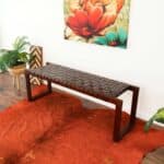 Cognac Leather Mid-Century Bench with Solid Wood Frame