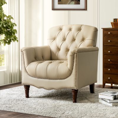 Elijah Beige Genuine Leather Tufted Accent Armchair