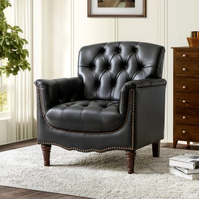 Elijah Black Genuine Leather Tufted Accent Armchair