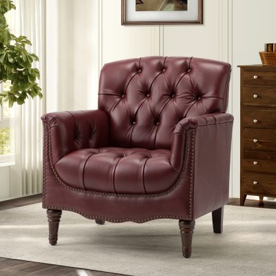 Elijah Burgundy Genuine Leather Tufted Armchair