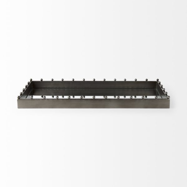 Elio 29.9L x 13.0W x 2.6H Gun Metal Gray Metal WStuds and Mirrored Bottom Rectangle Tray 2