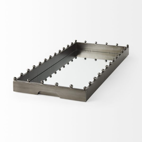 Elio 29.9L x 13.0W x 2.6H Gun Metal Gray Metal WStuds and Mirrored Bottom Rectangle Tray 4