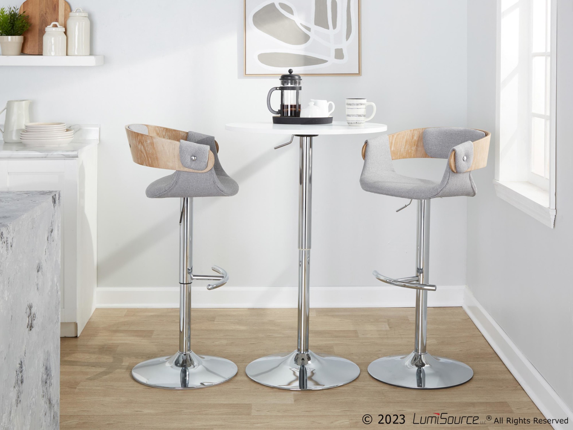 Elisa Grey Fabric Mid-Century Modern Swivel Barstools (Set of 2) 3 Elisa Grey Fabric Mid-Century Modern Swivel Barstools (Set of 2) - Image 3