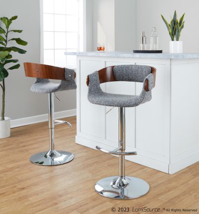 Elisa Mid-Century Adjustable Swivel Barstools in Grey Fabric (Set of 2) (Set of 2)