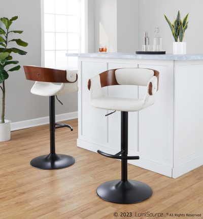 Elisa Mid-Century Modern Cream Fabric Adjustable Barstools w/ Rounded T Footrest (Set of 2)