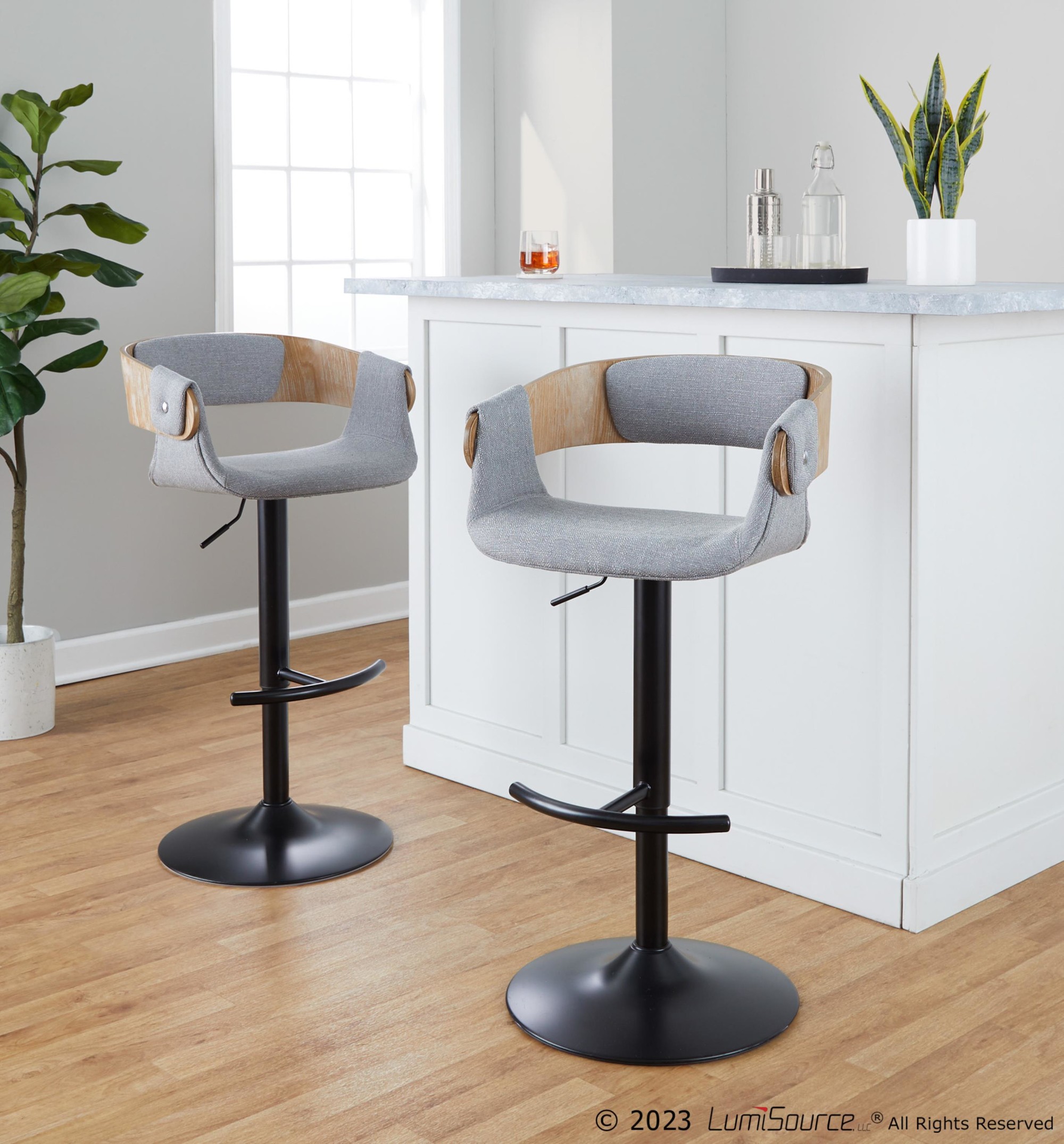 Elisa Mid-Century Modern Grey Fabric Adjustable Barstools (Set of 2) 2 Elisa Mid-Century Modern Grey Fabric Adjustable Barstools (Set of 2) - Image 2