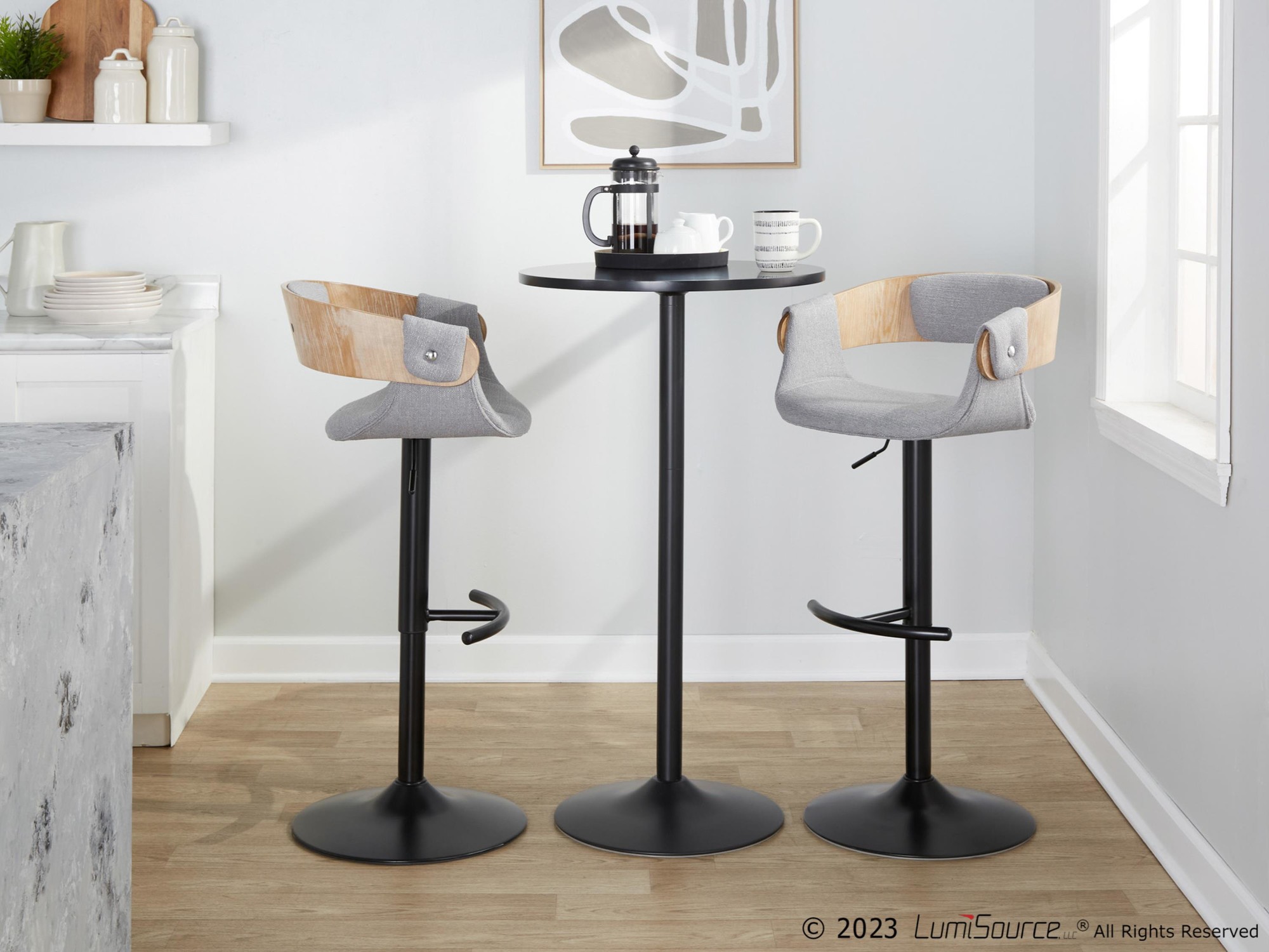 Elisa Mid-Century Modern Grey Fabric Adjustable Barstools (Set of 2) 3 Elisa Mid-Century Modern Grey Fabric Adjustable Barstools (Set of 2) - Image 3