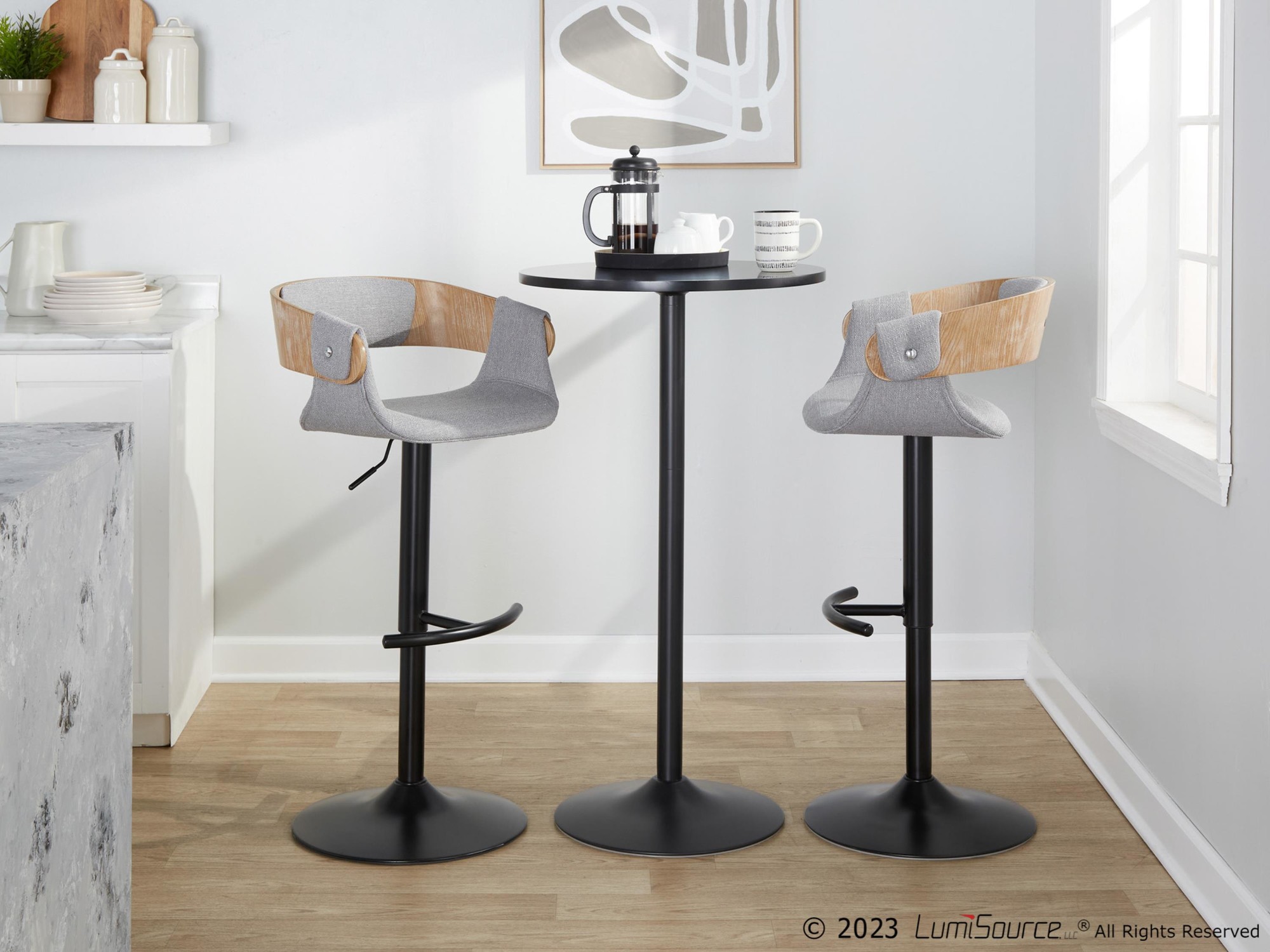 Elisa Mid-Century Modern Grey Fabric Adjustable Barstools (Set of 2) 4 Elisa Mid-Century Modern Grey Fabric Adjustable Barstools (Set of 2) - Image 4