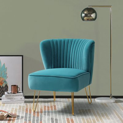 Eloisa Blue Velvet Channel Tufted Armless Accent Chair