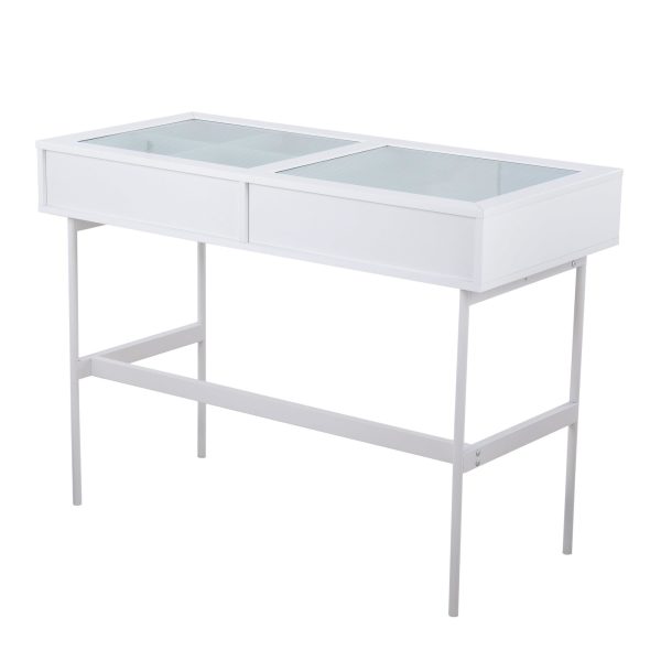 Emery White Contemporary Glass Top Console Table with Drawers 4