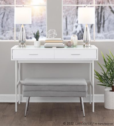 Emery White Contemporary Glass Top Console Table with Drawers