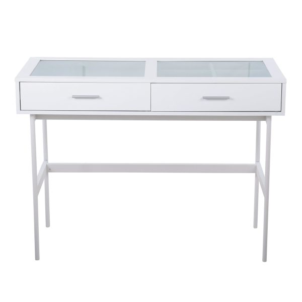 Emery White Contemporary Glass Top Console Table with Drawers 6