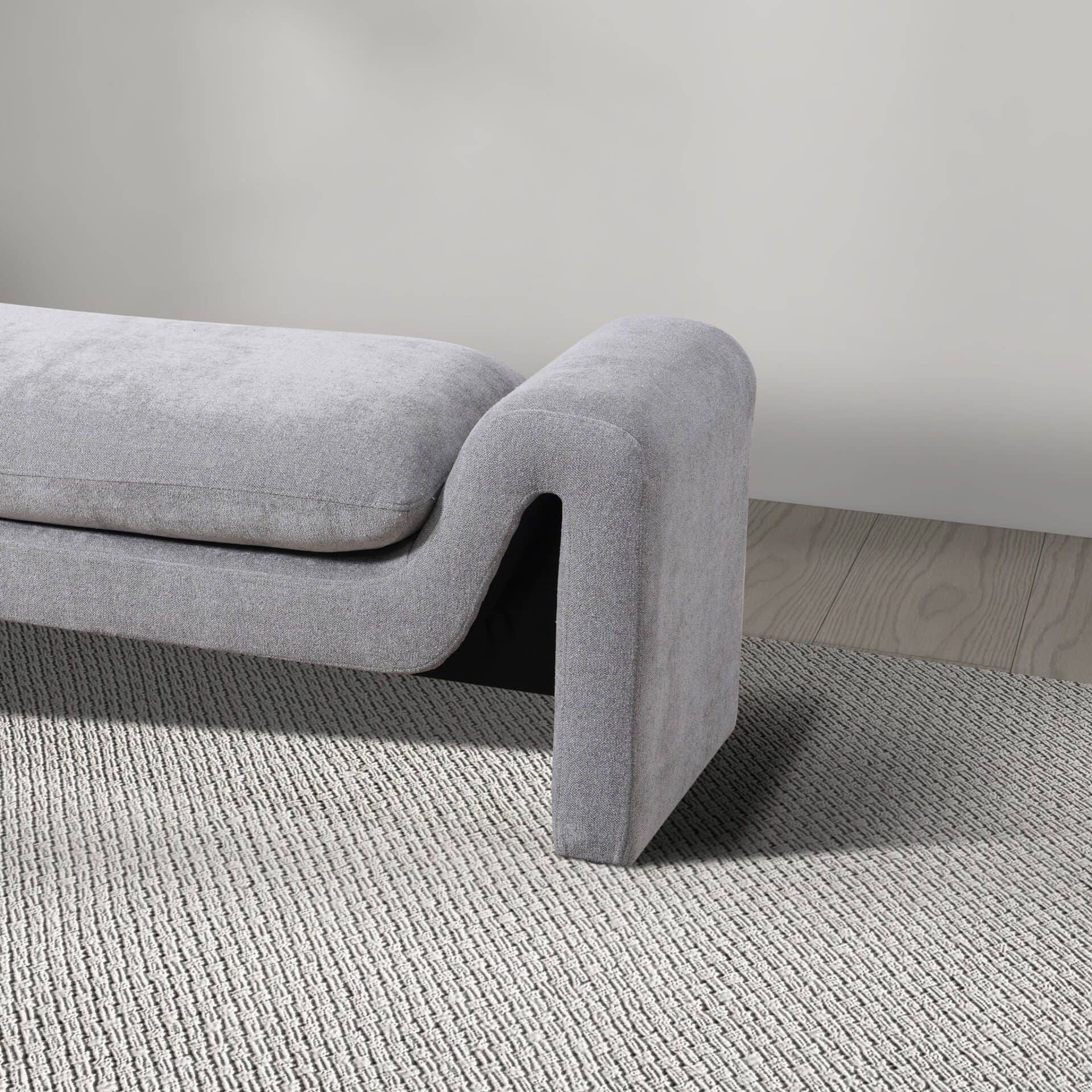 Mid-Century Modern Gray Boucle Upholstered Bench 5 Mid-Century Modern Gray Boucle Upholstered Bench - Image 5