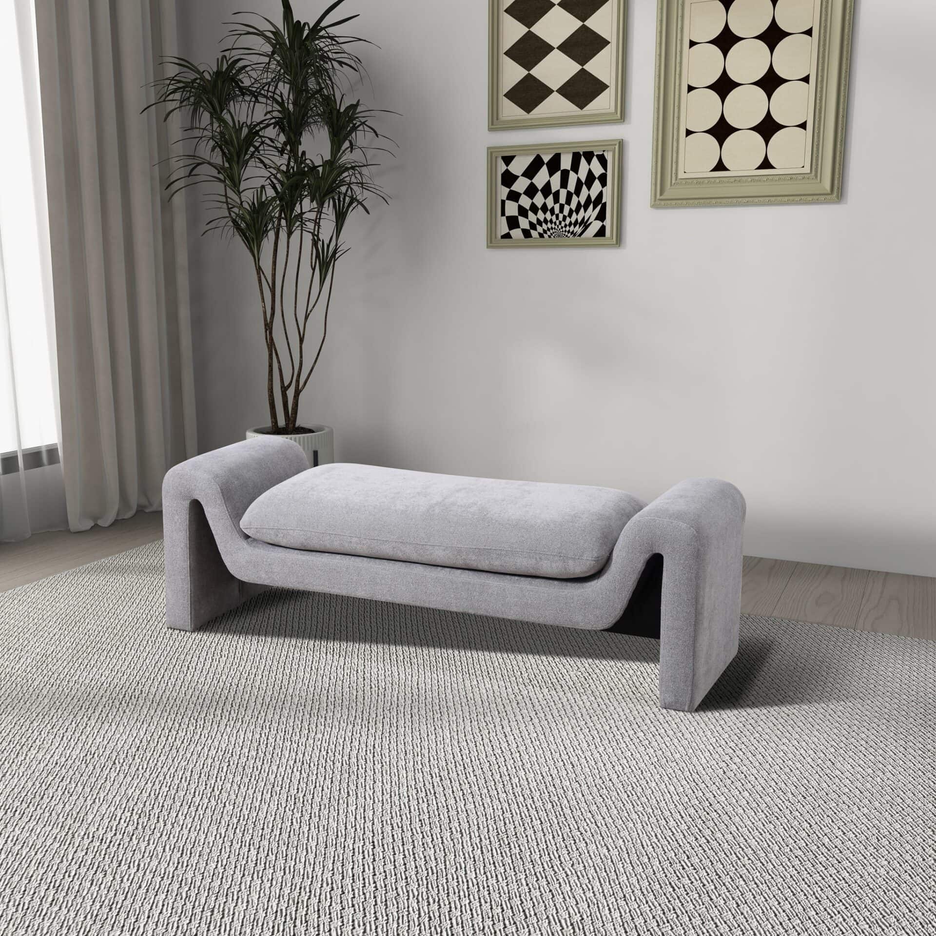 Mid-Century Modern Gray Boucle Upholstered Bench 4 Mid-Century Modern Gray Boucle Upholstered Bench - Image 4