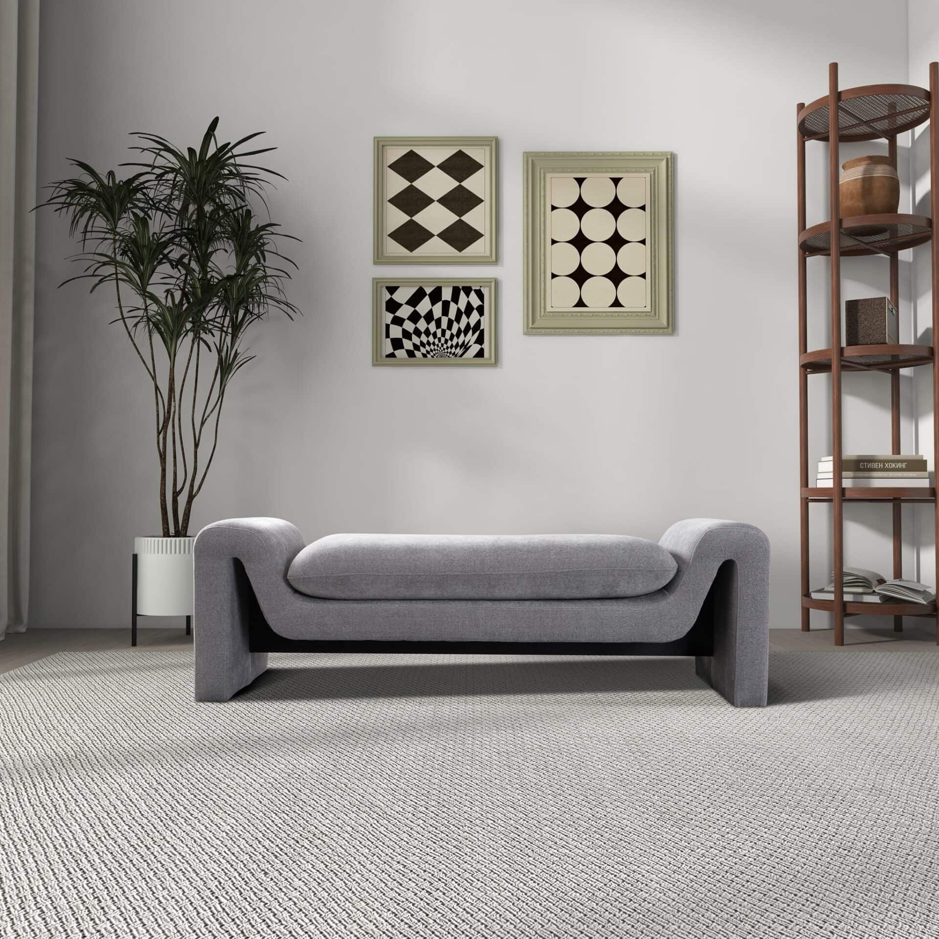 Mid-Century Modern Gray Boucle Upholstered Bench 3 Mid-Century Modern Gray Boucle Upholstered Bench - Image 3