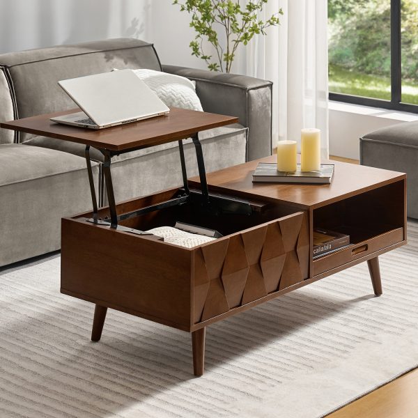 Epirus Walnut Mid Century Lift Top Coffee Table with Geometric Design 1