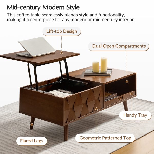 Epirus Walnut Mid Century Lift Top Coffee Table with Geometric Design 2