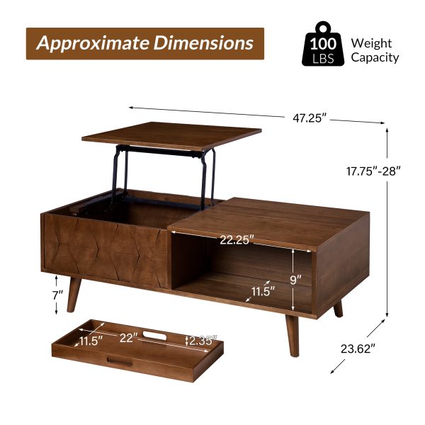 Epirus Walnut Mid Century Lift Top Coffee Table with Geometric Design 4