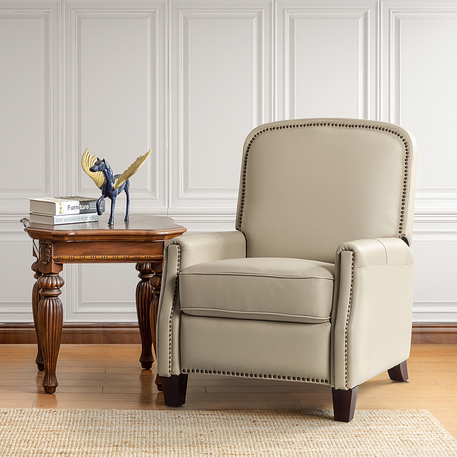 Erendiria Beige Genuine Leather Mid-Century Modern Nailhead Trim Recliner 1 Erendiria Beige Genuine Leather Mid-Century Modern Nailhead Trim Recliner