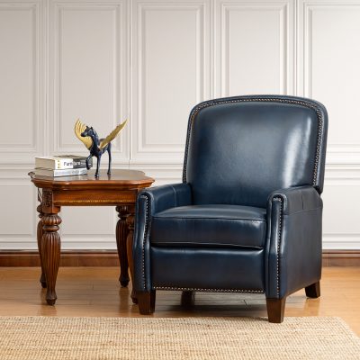 Erendiria Navy Leather Mid-Century Modern Nailhead Trim Recliner