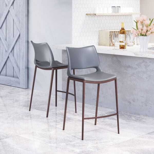 Ergonomic Gray Faux Leather Counter Stool with Walnut Frame (Set of 2)