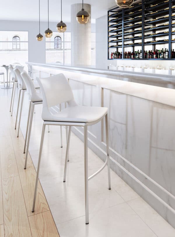 Ergonomic White Faux Leather Barstool with Stainless Steel Frame Set of 2 1
