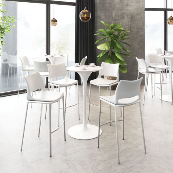 Ergonomic White Faux Leather Barstool with Stainless Steel Frame (Set of 2)