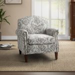 Eric Beige Damask Rolled Arm Nailhead Trim Accent Armchair 6 Eric Beige Damask Rolled Arm Nailhead Trim Accent Armchair