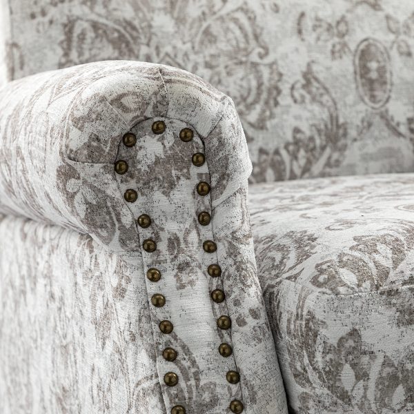 Eric Beige Damask Rolled Arm Nailhead Trim Accent Armchair 4