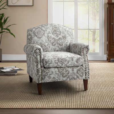 Eric Beige Damask Rolled Arm Nailhead Trim Accent Armchair
