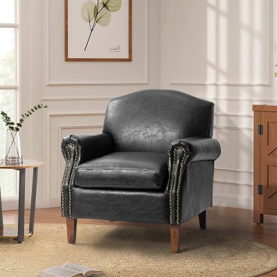 Eric Black Vegan Leather Nailhead Trim Transitional Armchair