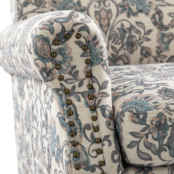 Eric Blue Damask Rolled Arm Nailhead Trim Accent Armchair 4