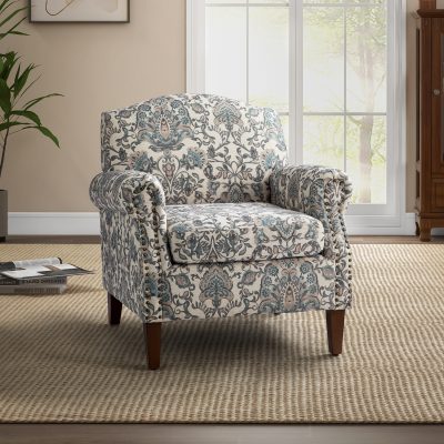 Eric Blue Damask Rolled Arm Nailhead Trim Accent Armchair