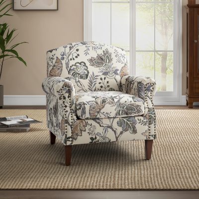 Eric Grey Damask Rolled Arm Nailhead Trim Accent Armchair