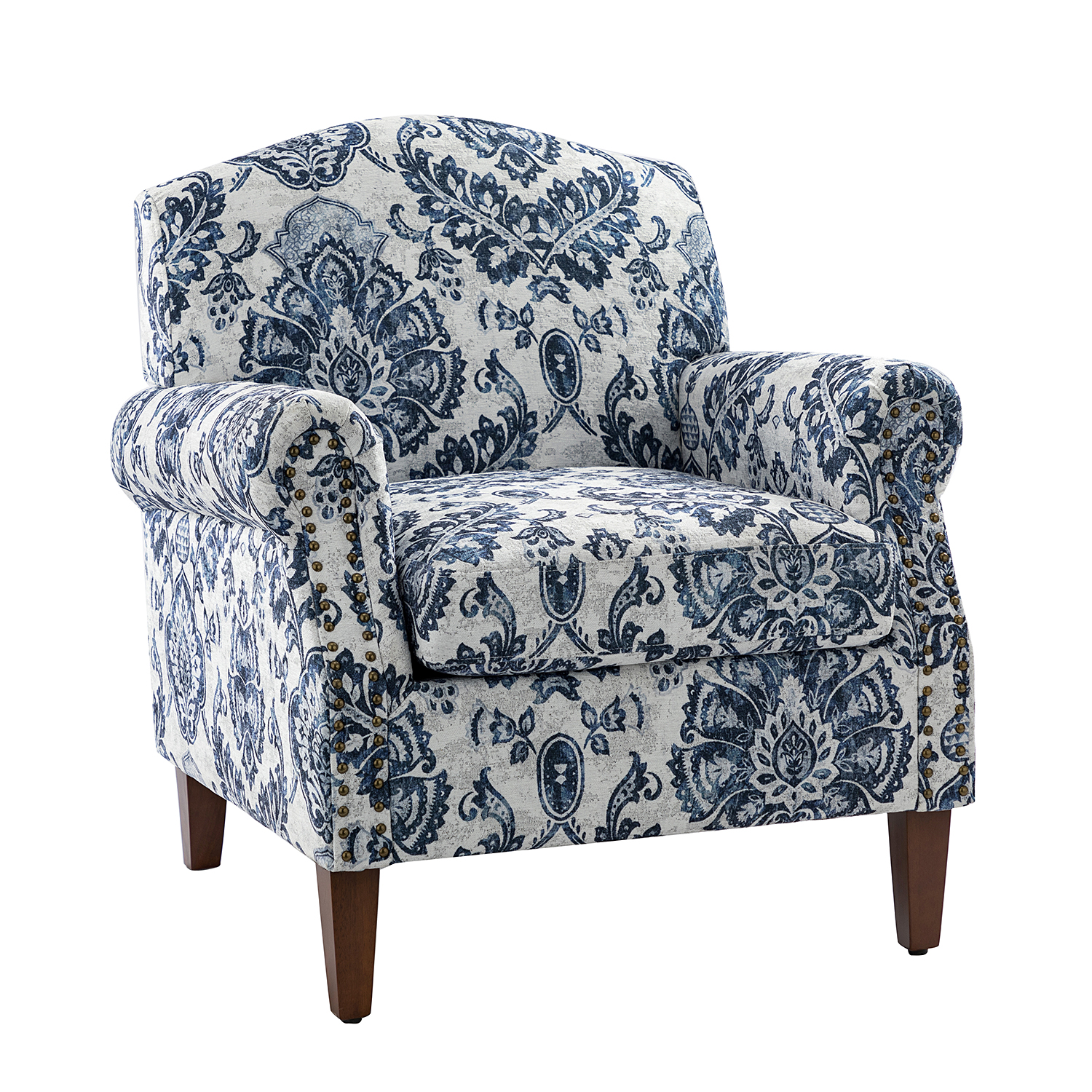 Eric Navy Damask Rolled Arm Nailhead Trim Accent Armchair 2 Eric Navy Damask Rolled Arm Nailhead Trim Accent Armchair - Image 2