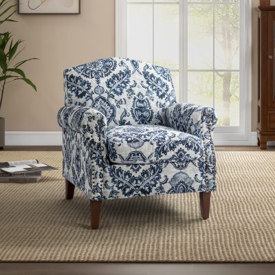 Eric Navy Damask Rolled Arm Nailhead Trim Accent Armchair