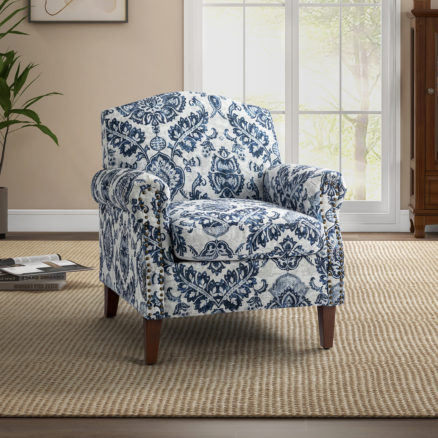 Eric Navy Damask Rolled Arm Nailhead Trim Accent Armchair 1 Eric Navy Damask Rolled Arm Nailhead Trim Accent Armchair