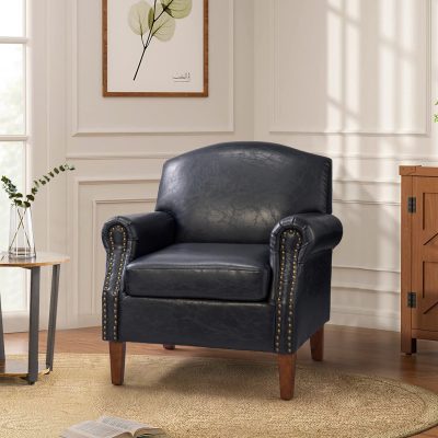 Eric Navy Vegan Leather Nailhead Trim Transitional Armchair