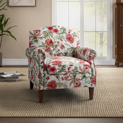 Eric Red Damask Rolled Arm Nailhead Trim Armchair