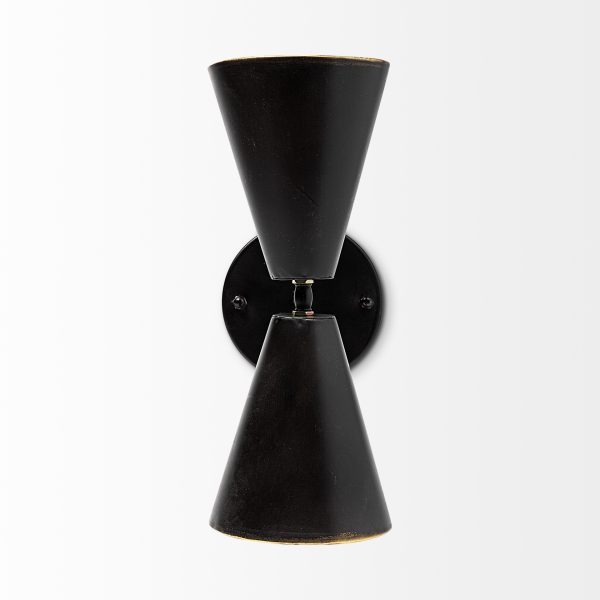 Eris II 7.3x12.6 Black Metal wGold Accent Double Cone Wall Sconce 1