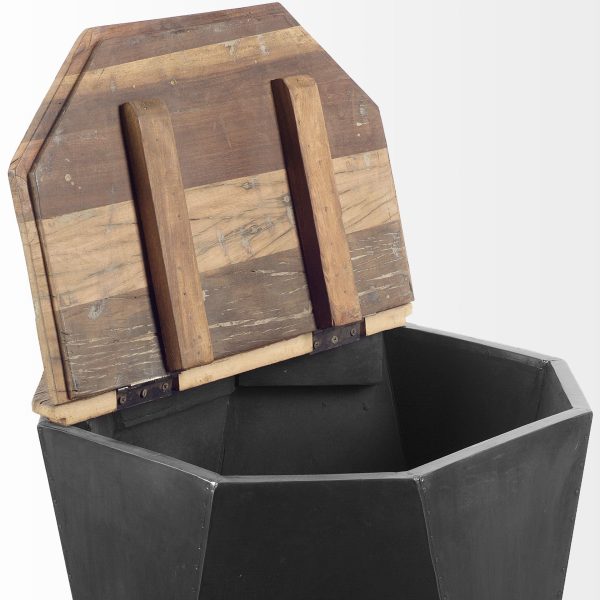 Esagono Octagonal Black Metal Clad Reclaimed Wood EndSide Table w Storage 3