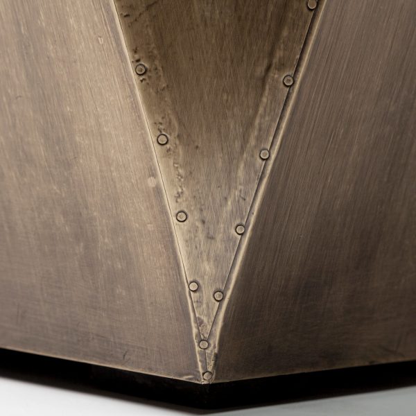 Esagono Octagonal Gold Metal Clad Reclaimed Wood EndSide Table w Storage 12