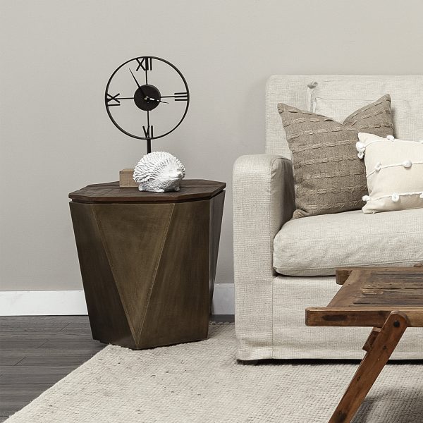 Esagono Octagonal Gold Metal Clad Reclaimed Wood EndSide Table w Storage 3